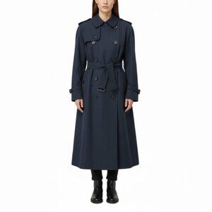 Navy Double-Breasted Womens Trench Coat Long Belted Cotton Blend Timele